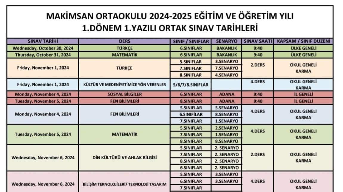 2024-2025 EĞİTİM-ÖĞRETİM YILI 1.DÖNEM 1. YAZILI SINAV TARİHLERİ 