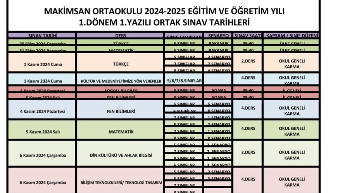 2024-2025 EĞİTİM-ÖĞRETİM YILI 1.DÖNEM 1. YAZILI TARİHLERİ 